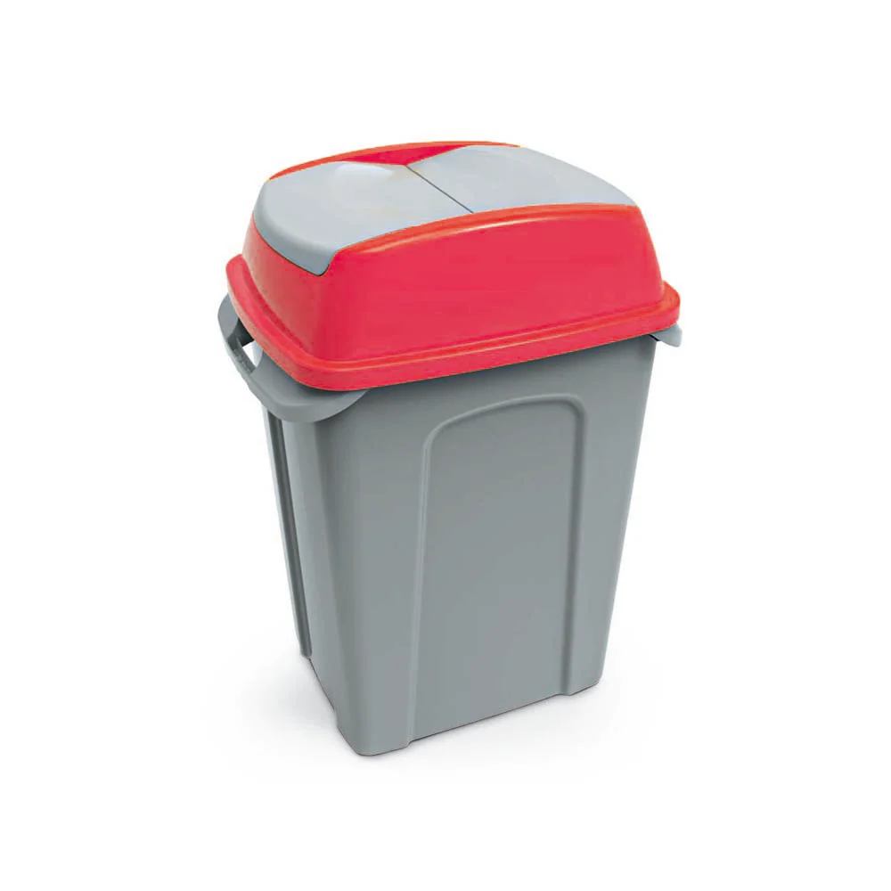 dimensions 50 x 37 x 70cm, with a hinged lid of various colors and the possibility of adding four wheels. Made of durable polypropylene that is easy to clean